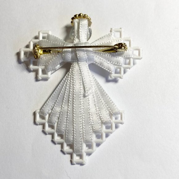 Vintage Christmas Angel Pin Brooch White Ribbon Handmade Halo Wings - Picture 4 of 9